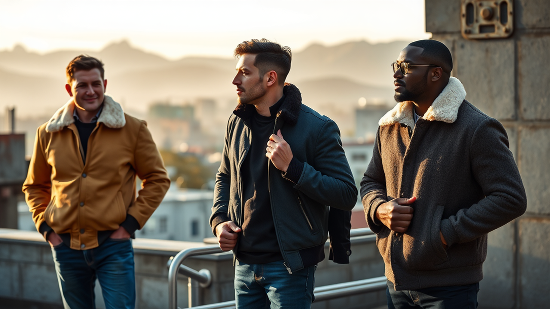 Generate a High-quality image for my blog's Feature image "Landscape aspect" and try to be creative Topic: Waterproof Shearling Bomber Jackets for Men: Warmth Meets Timeless Design