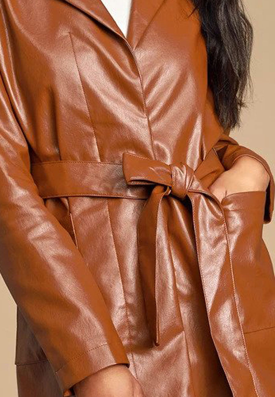 Women's Tan Brown Leather Trench Coat