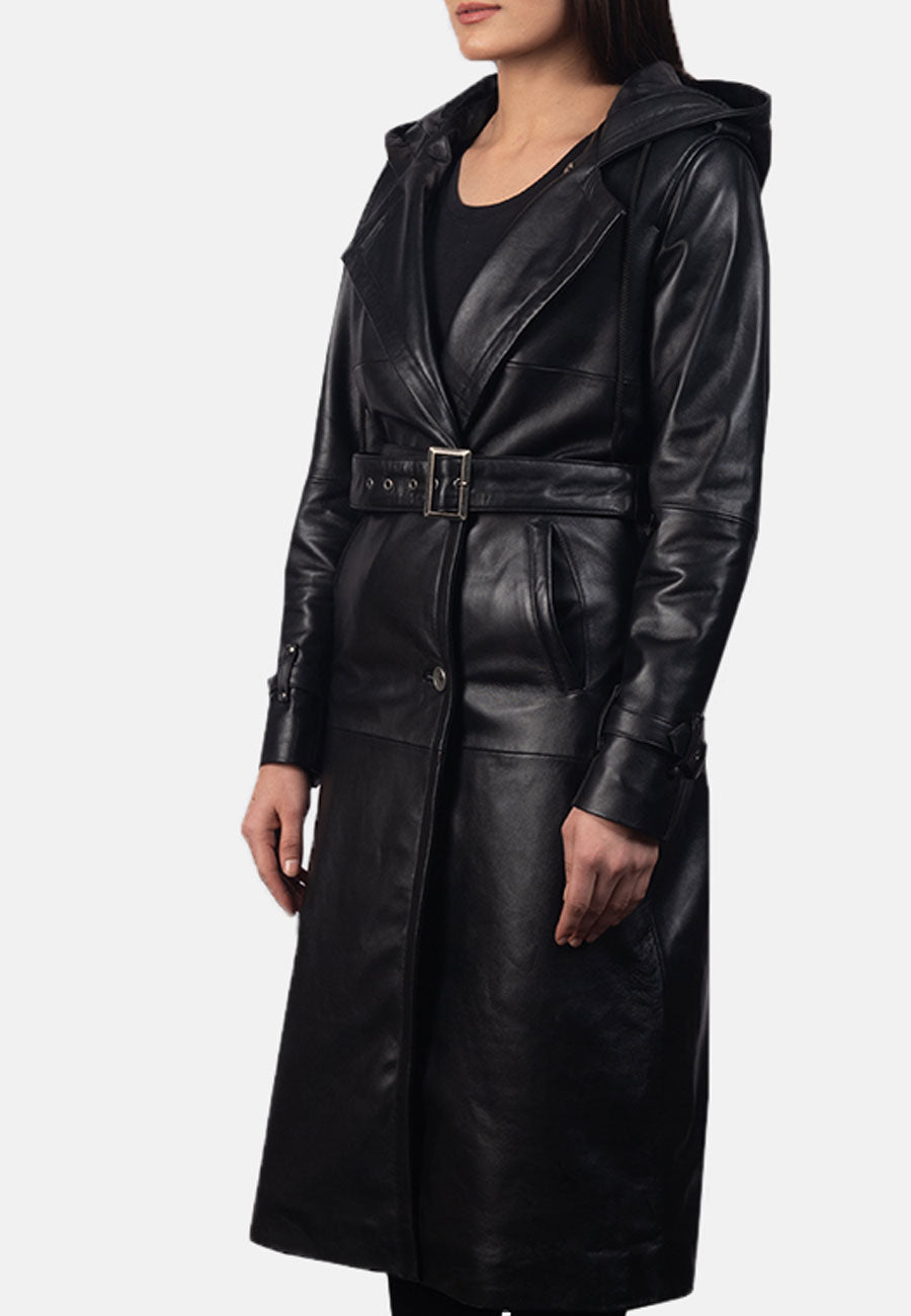 Women's Black Leather Hooded Trench Coat