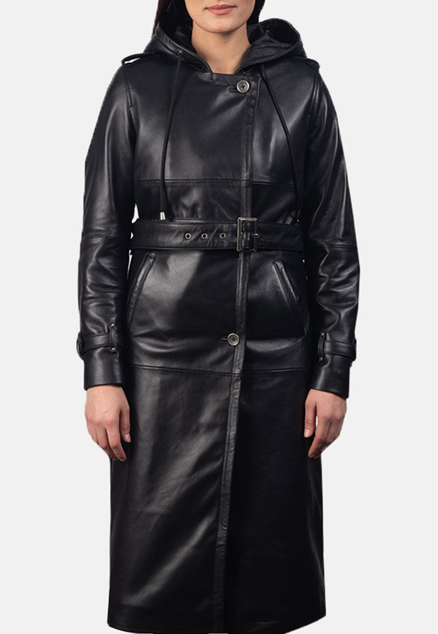 Women's Black Leather Hooded Trench Coat