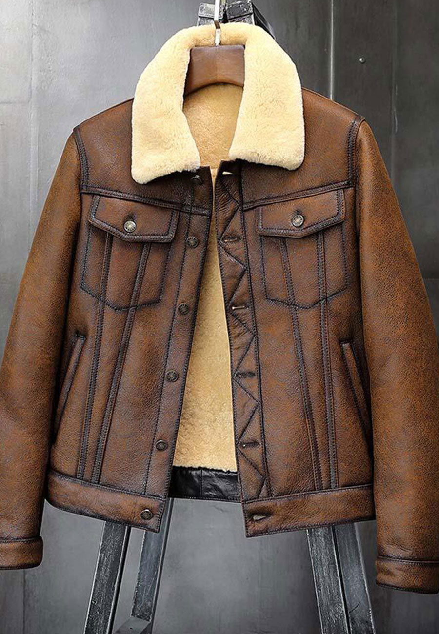 Men’s Brown B3 Shearling Flight Aviator Coat Jacket