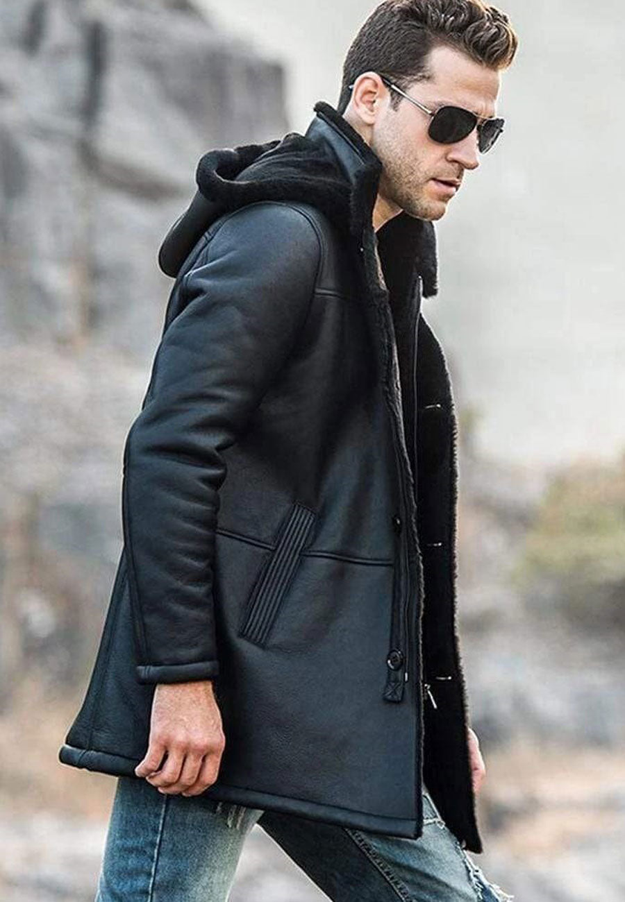 Men’s Black Shearling Hooded Long Coat