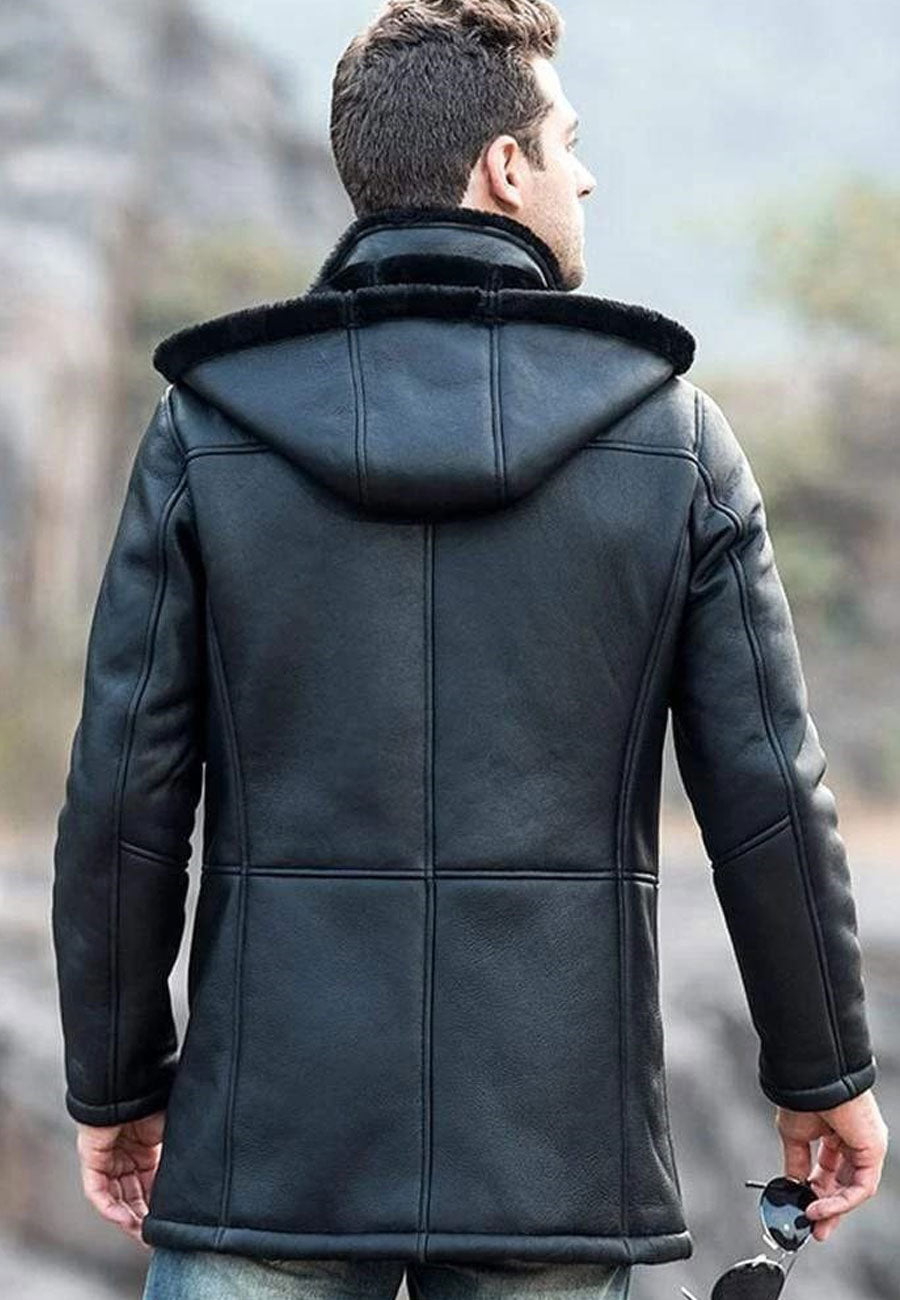 Men’s Black Shearling Hooded Long Coat