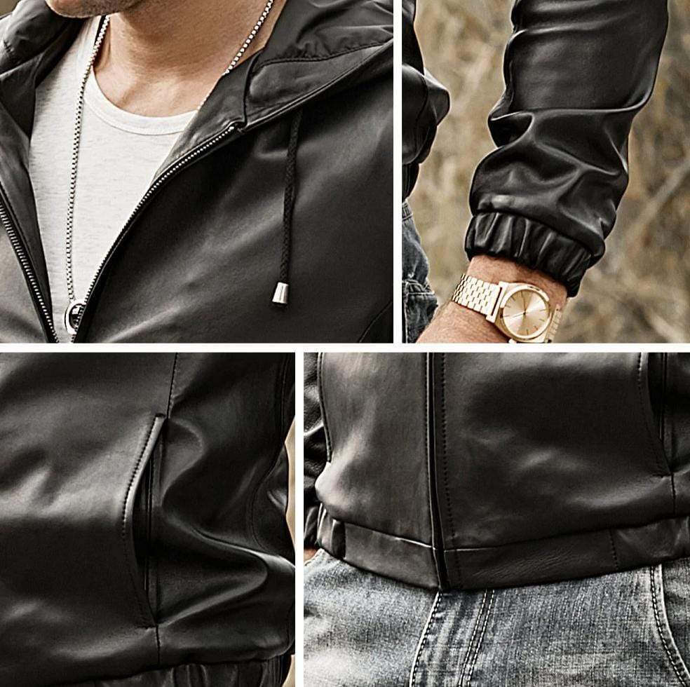 Men's Black Leather Jacket With Hood