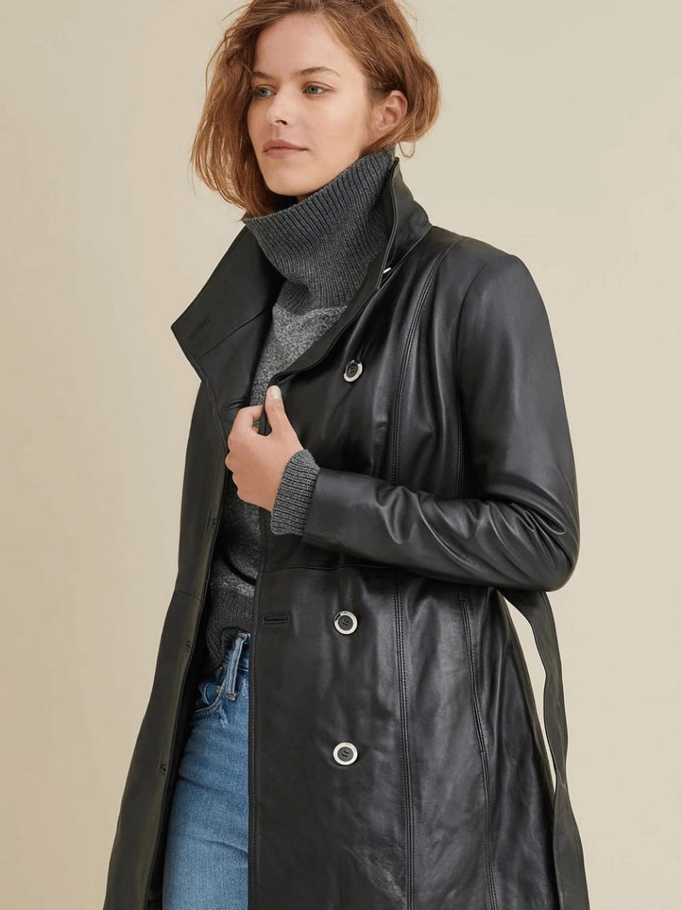 Women's Long Black Leather Coat