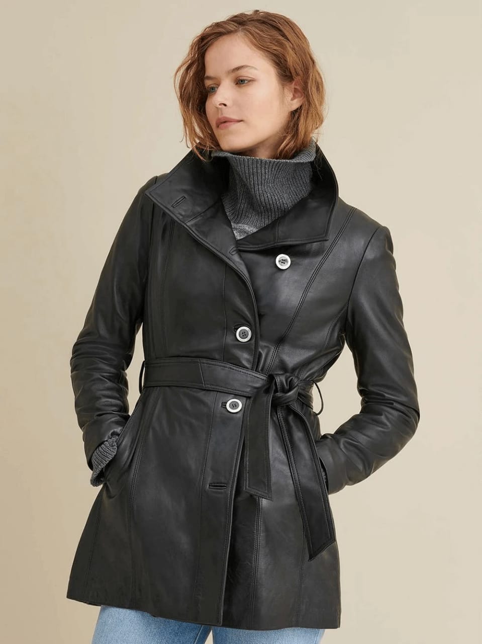 Women's Long Black Leather Coat