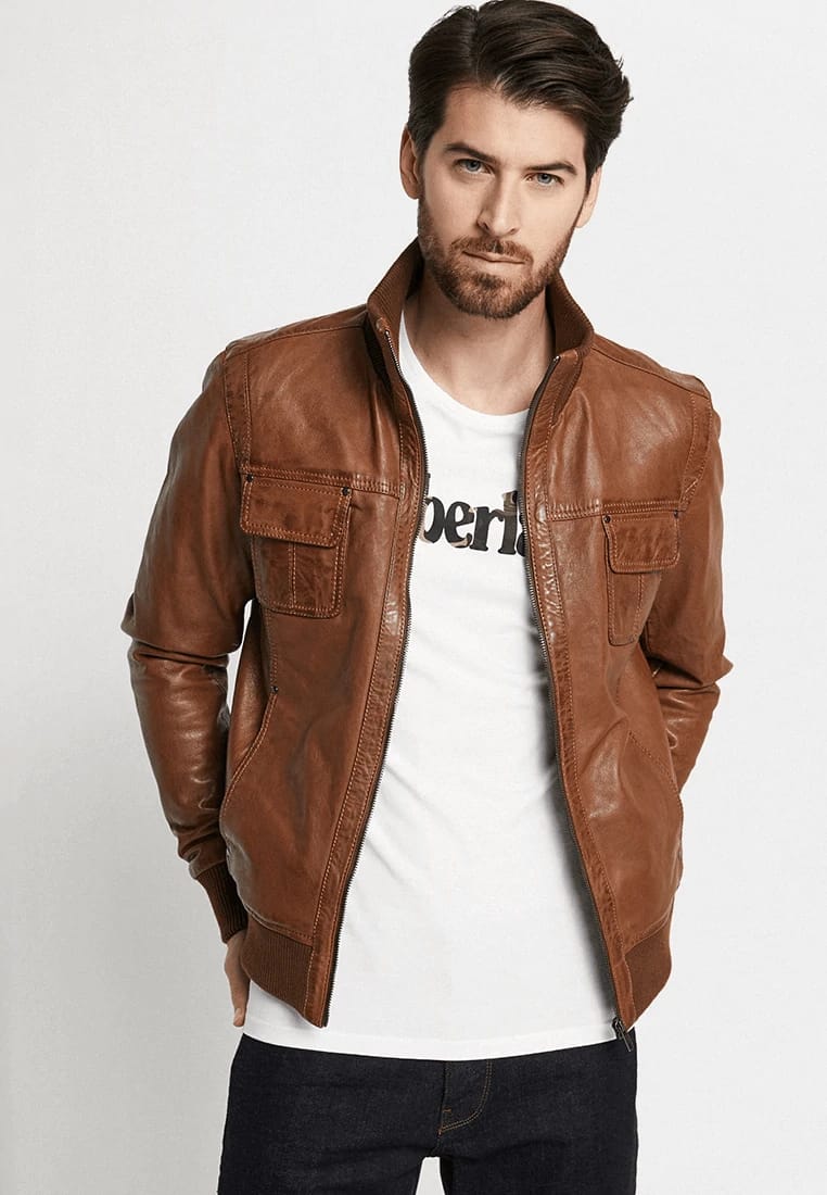 Men's Tan Brown Leather Bomber Jacket