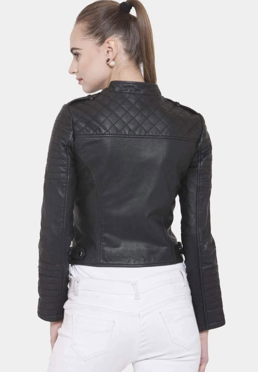 Women's Black Leather Biker Jacket Slim Fit