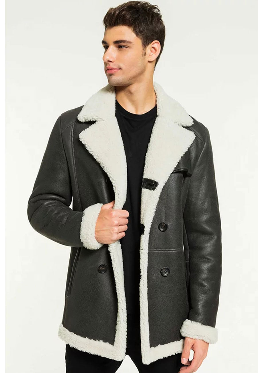 Men’s Black Leather White Shearling Long Coat