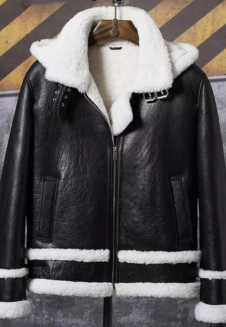 Men’s Aviator Removable Hood Black Leather White Shearling Jacket