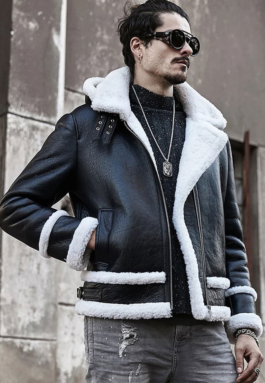 Men’s Aviator Removable Hood Black Leather White Shearling Jacket