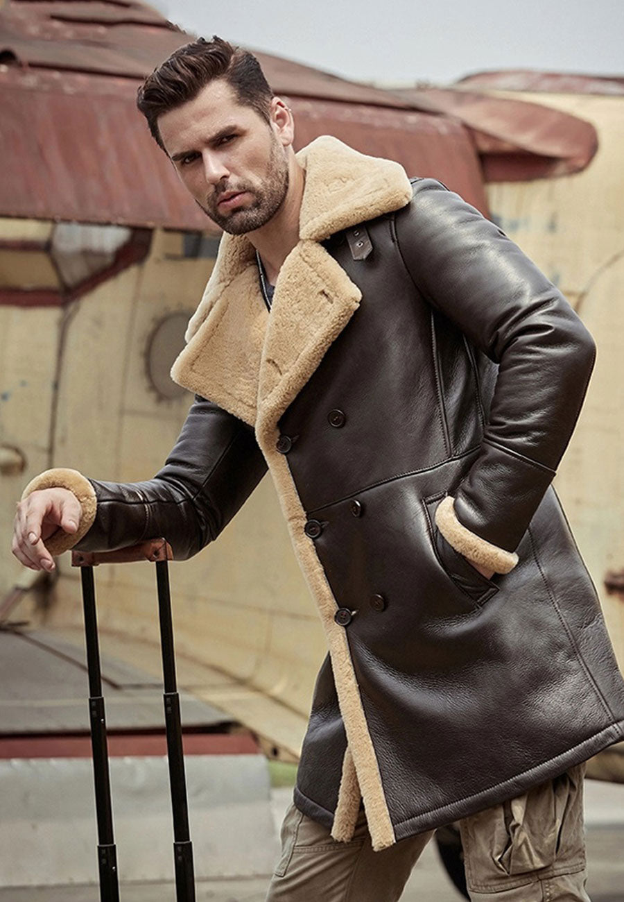 Men’s Dark Brown Leather Shearling Long Coat