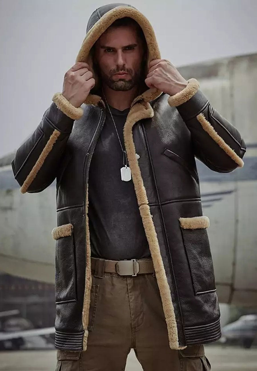 Men’s Dark Brown Leather Shearling Hooded Long Coat