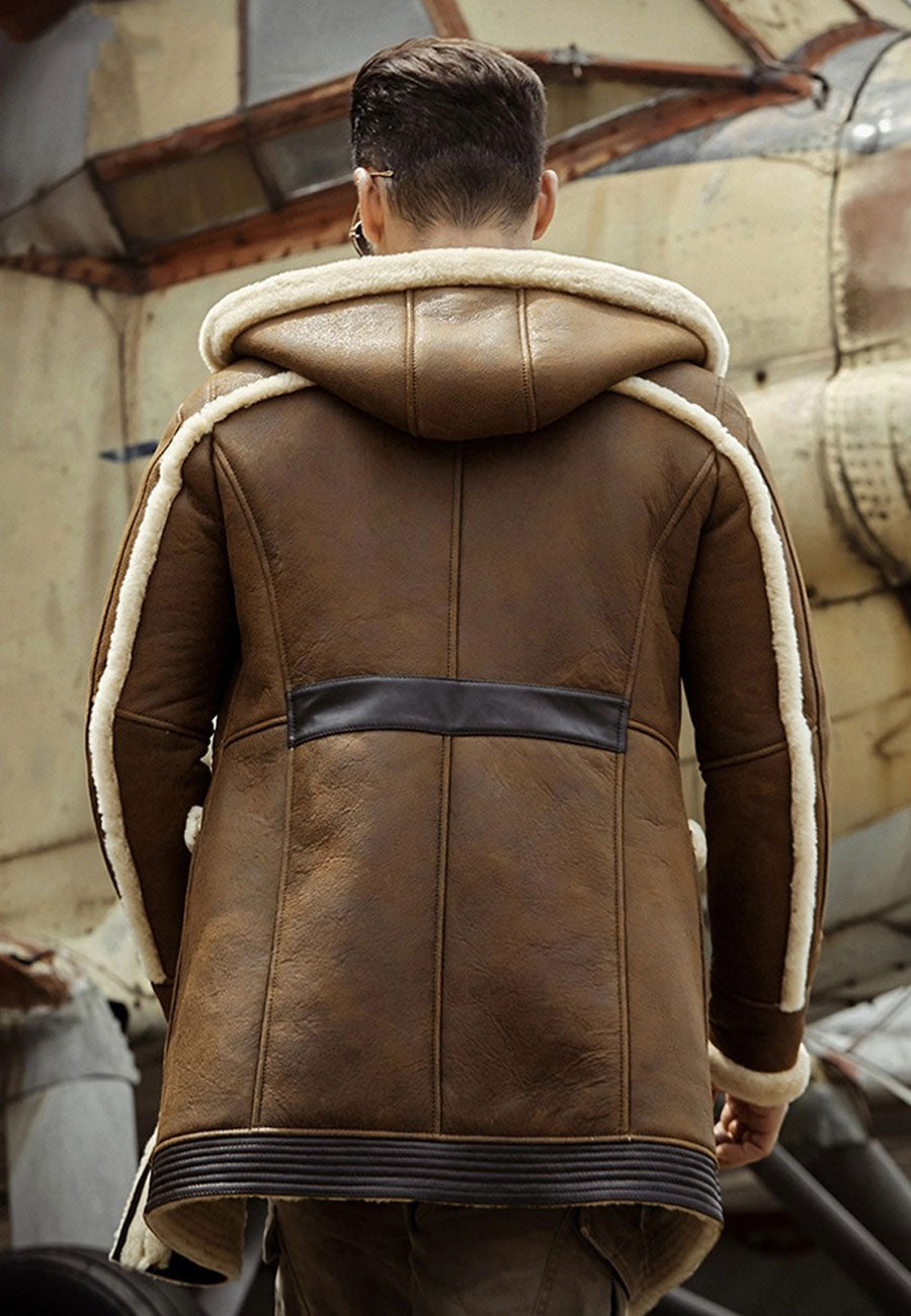 Men’s Camel Brown Leather Shearling Hooded Long Coat