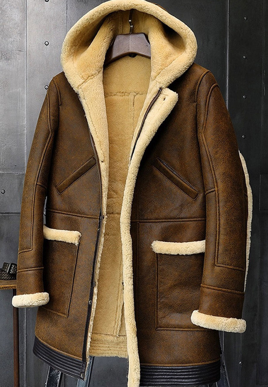 Men’s Camel Brown Leather Shearling Hooded Long Coat