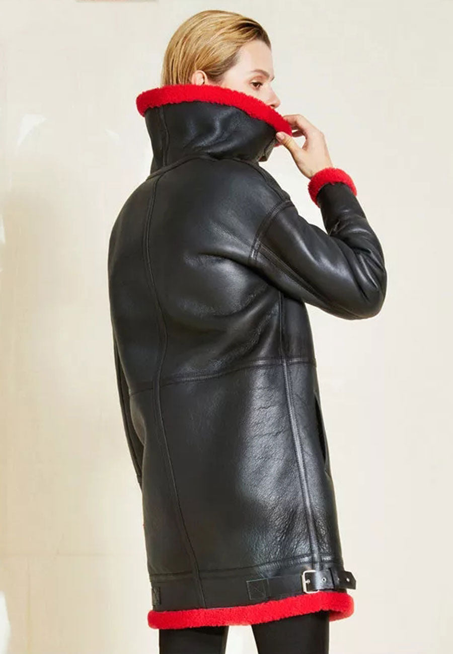 Women’s Black Leather Red Shearling Long Coat