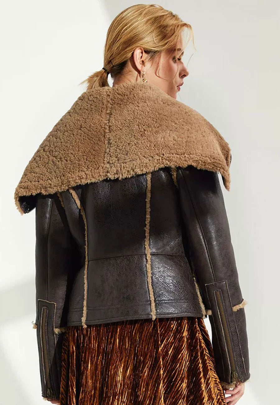 Women’s Dark Brown Leather Shearling Long Collar Jacket
