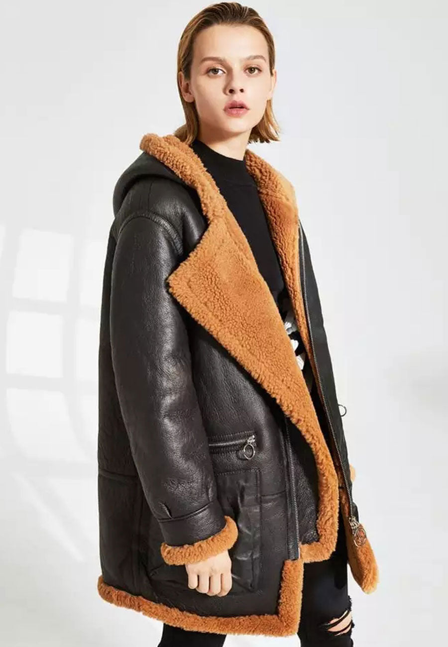 Women’s Black Leather Orange Shearling Hooded Long Coat