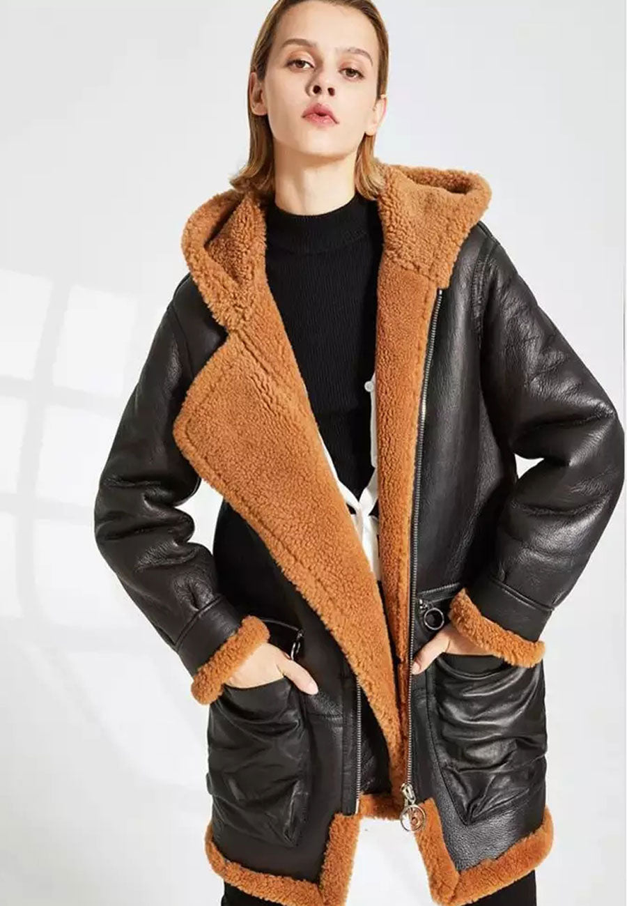 Women’s Black Leather Orange Shearling Hooded Long Coat