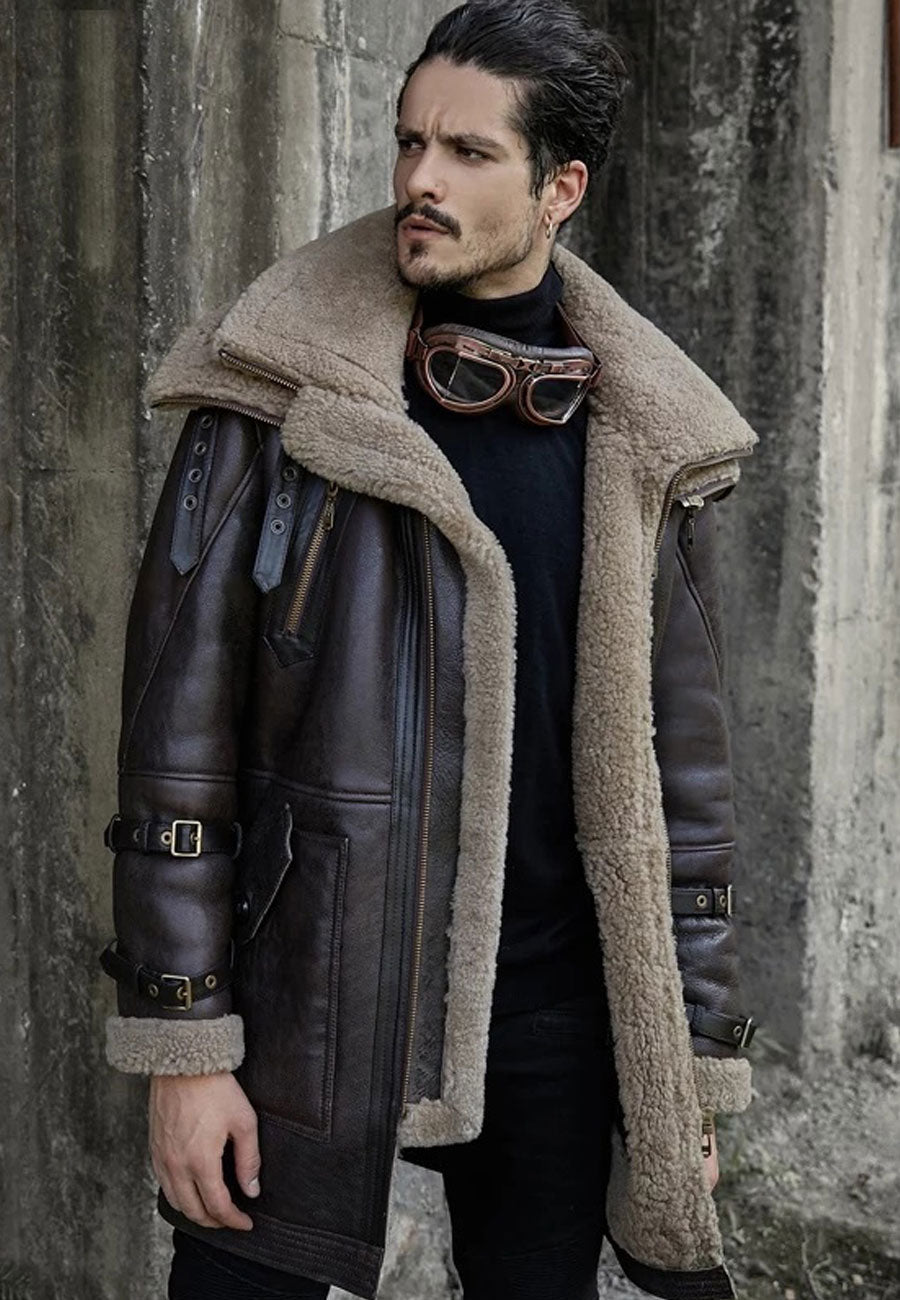 Men’s Dark Brown Leather Shearling Double Collar Long Coat