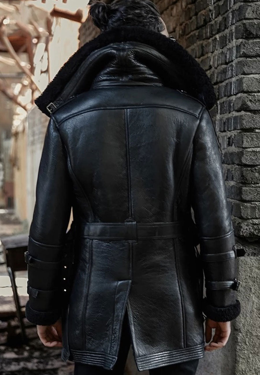 Men’s Black leather Shearling Double Collar Long Coat