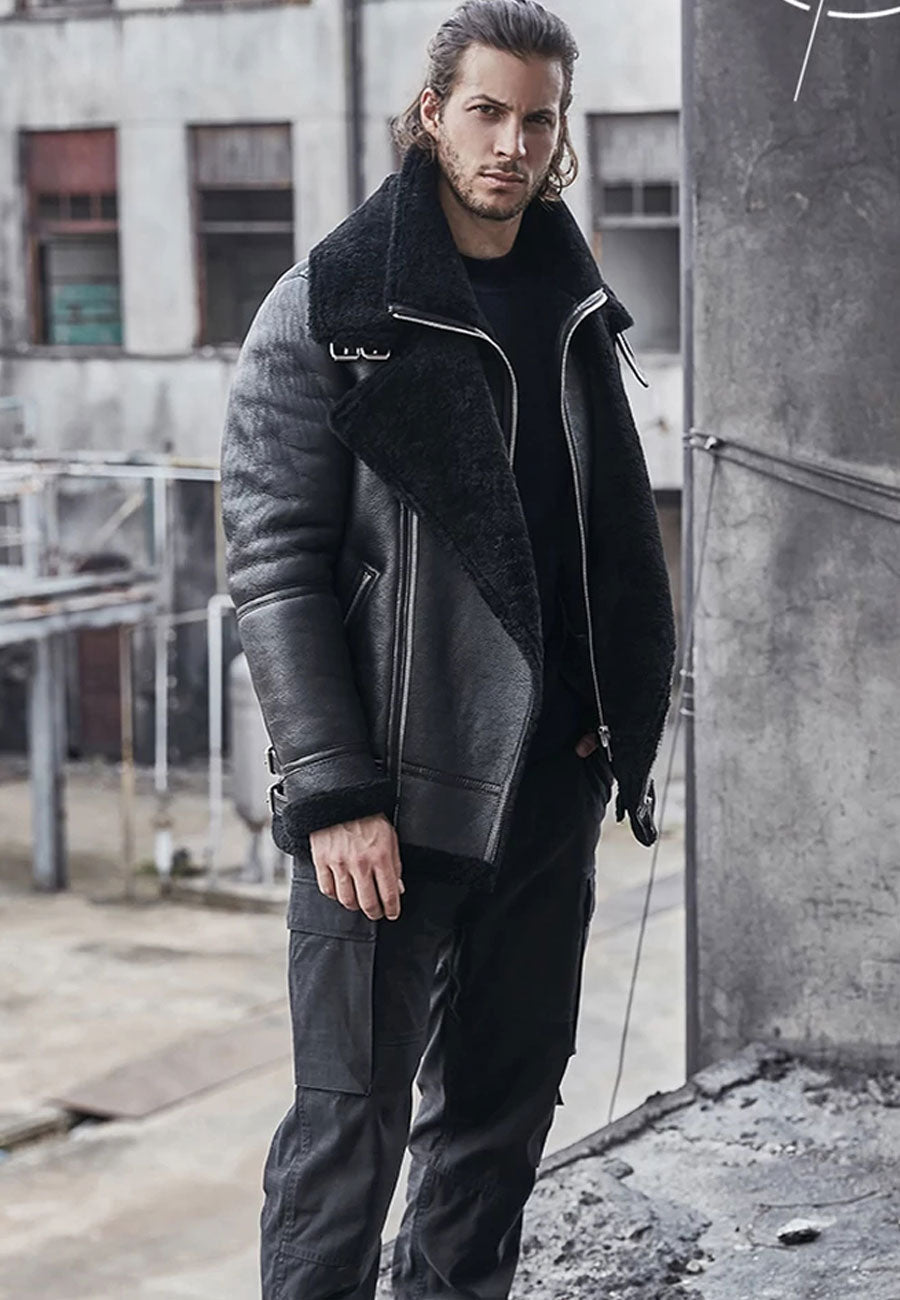 Men’s Black Leather Shearling Double Collar Jacket