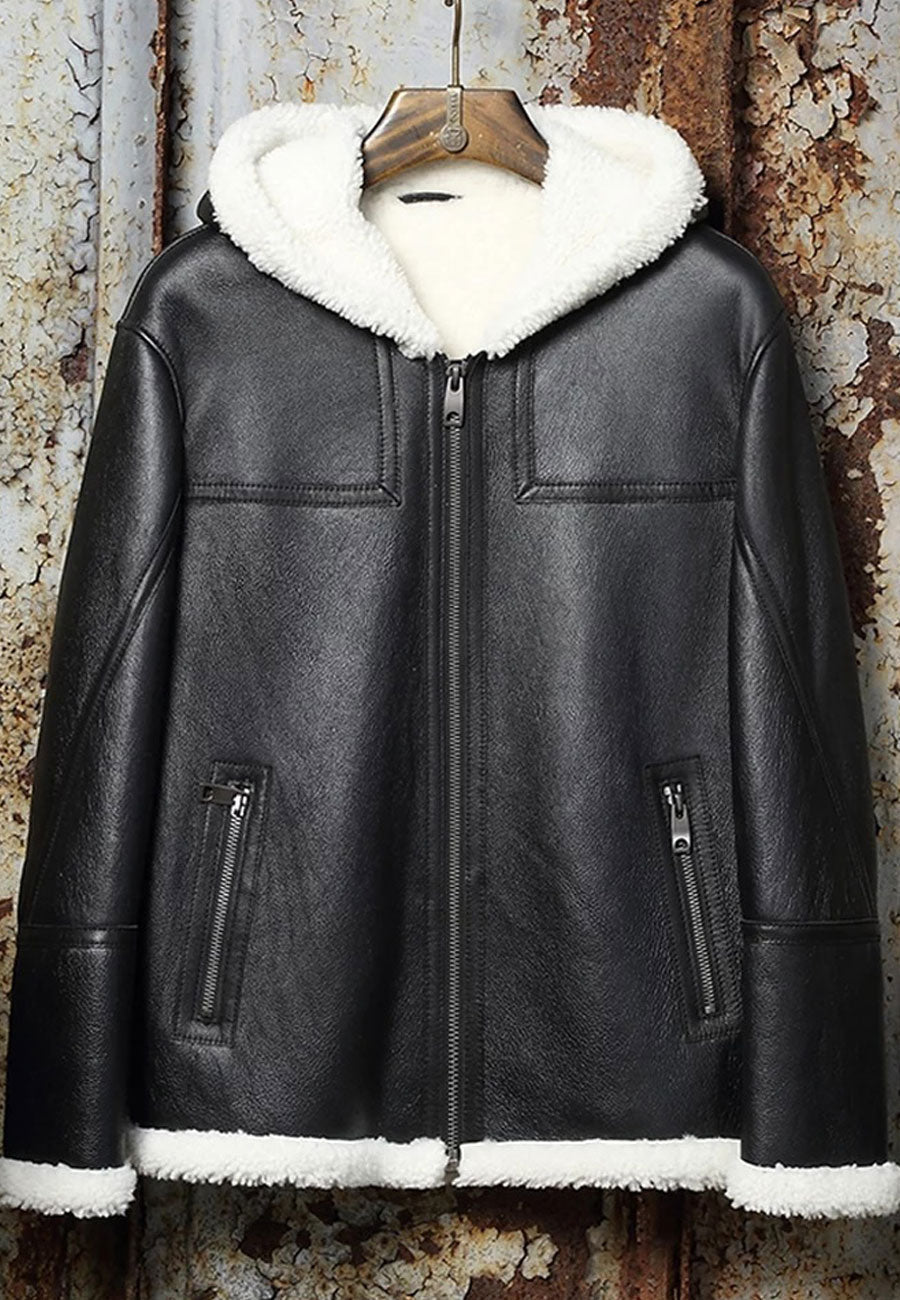 Men’s Black Leather White Shearling Hooded Jacket