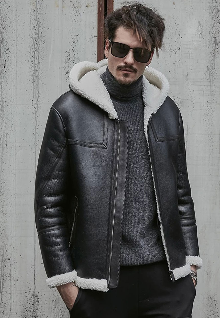 Men’s Black Leather White Shearling Hooded Jacket