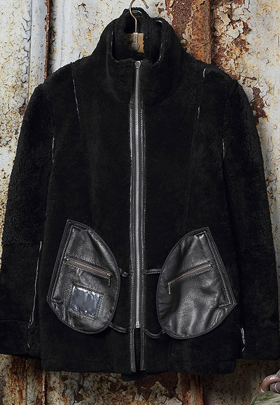 Men’s Black Leather Shearling Double Collar Jacket