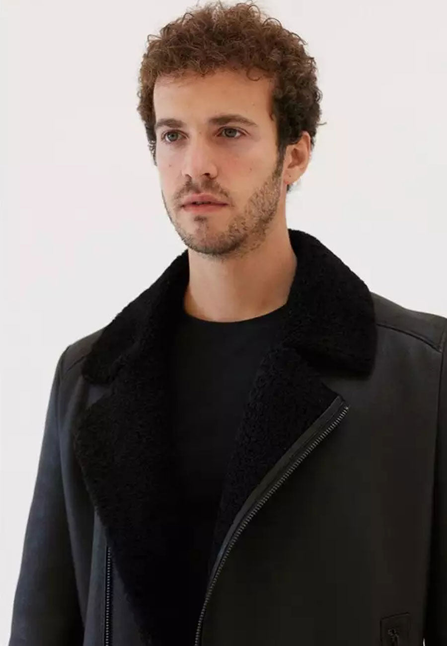 Men’s Black Leather Shearling Collar Jacket
