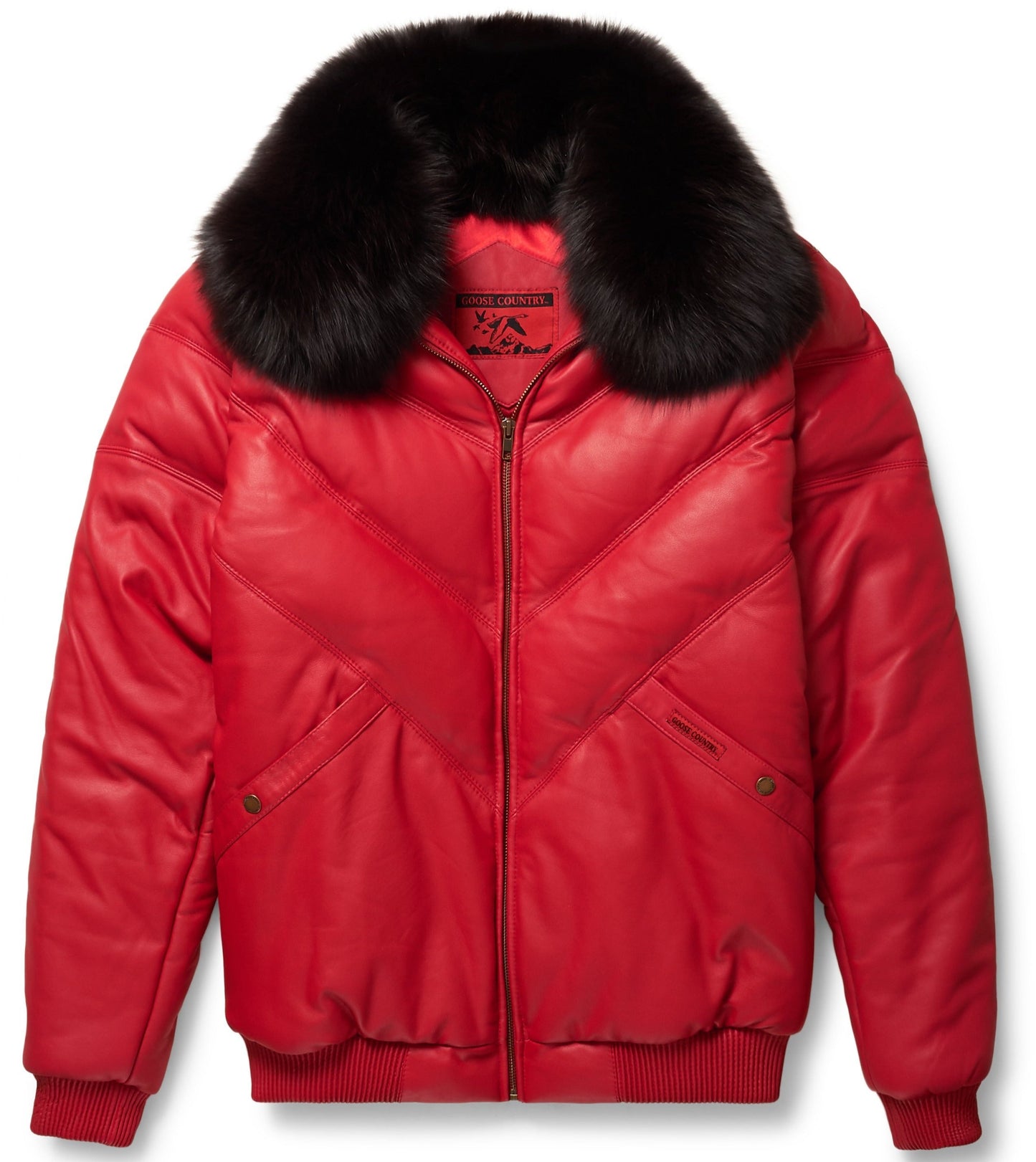 Red Leather V-Bomber Jacket with Black Fur Collar