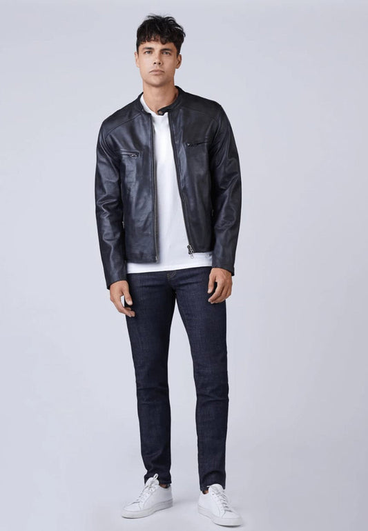 Men's Black Leather Jacket Crew Neck