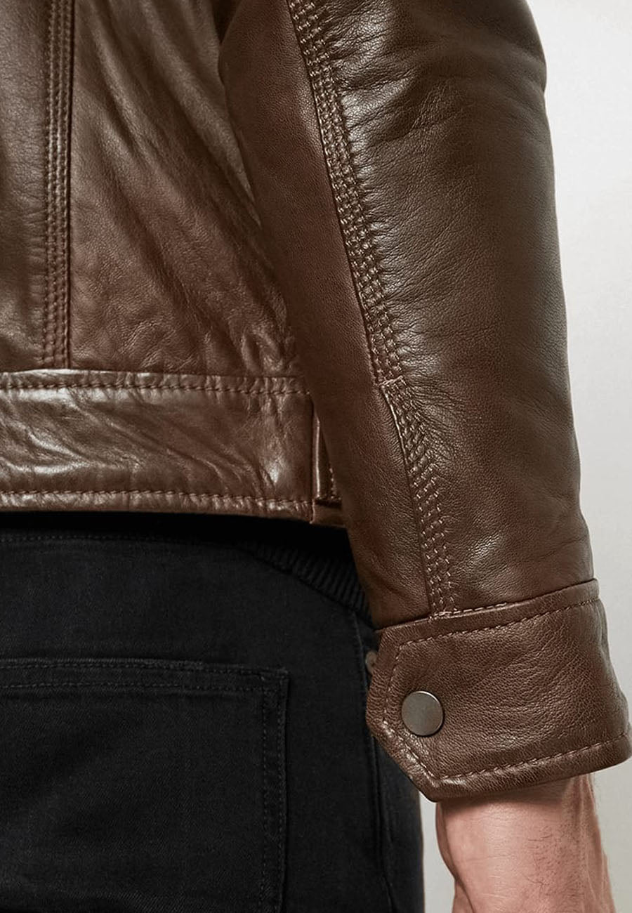 Men's Chocolate Brown Leather Jacket Removable Hood