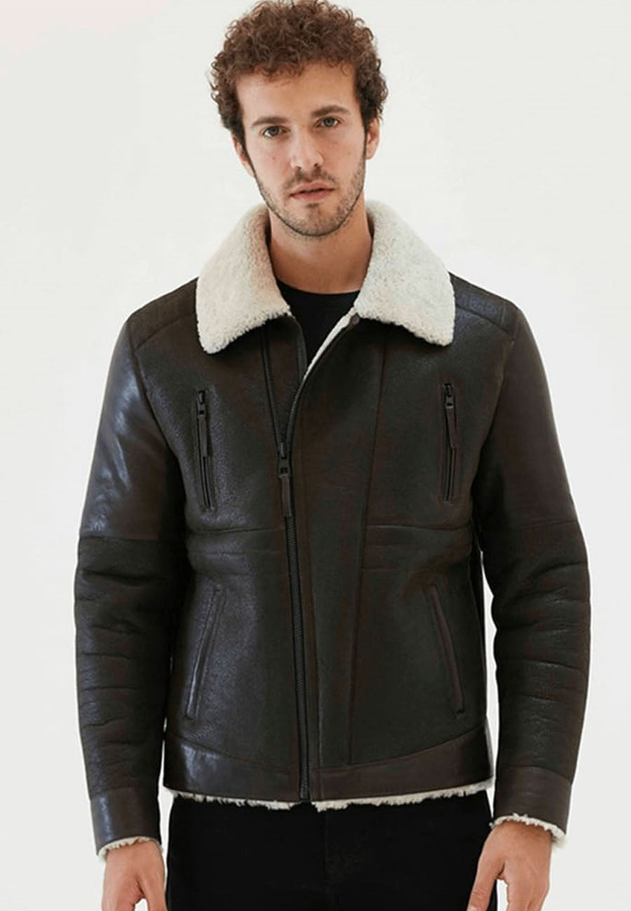 Men’s Black Leather White Shearling Collar Jacket