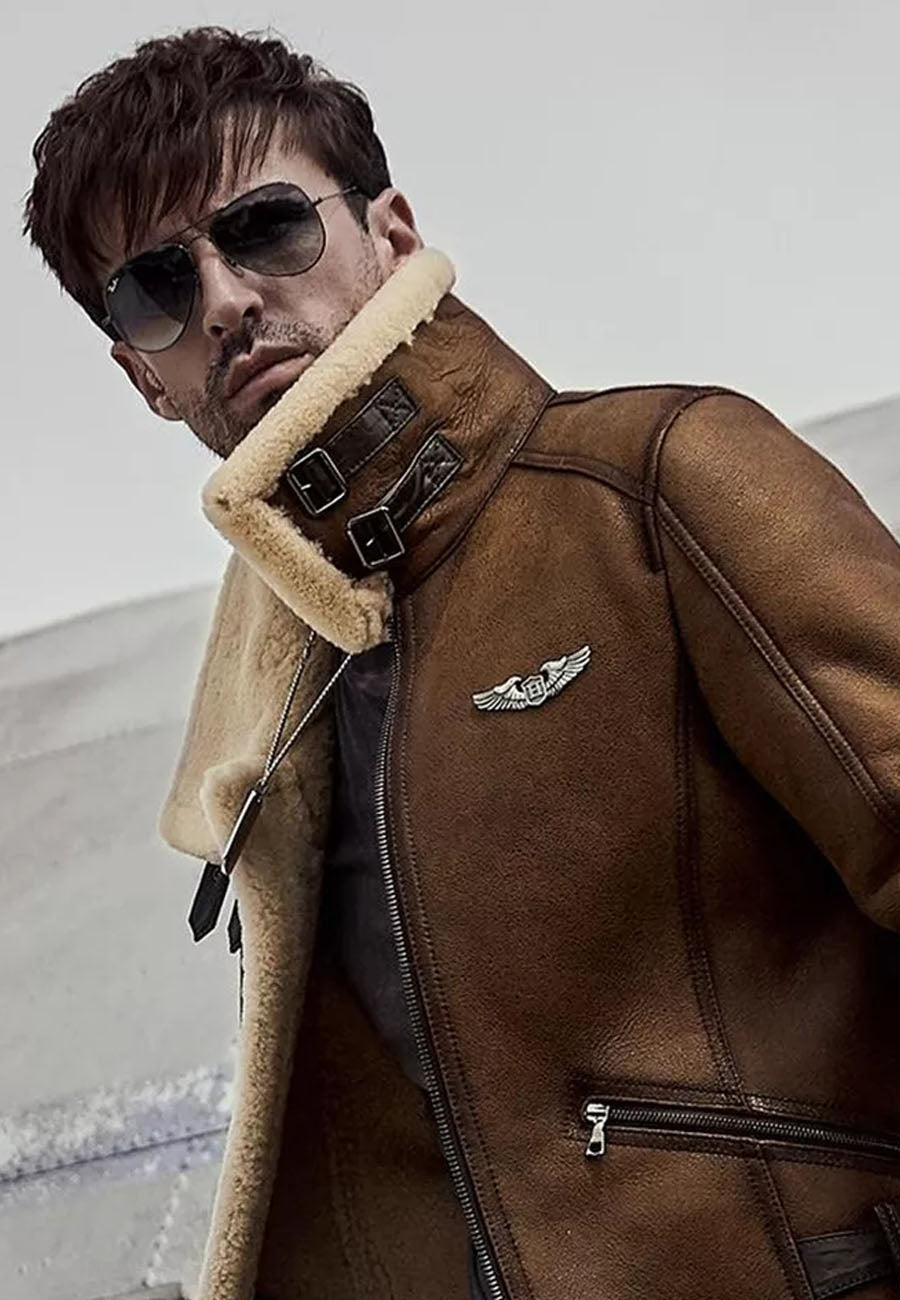 Men’s Aviator Camel Brown Leather Shearling Jacket