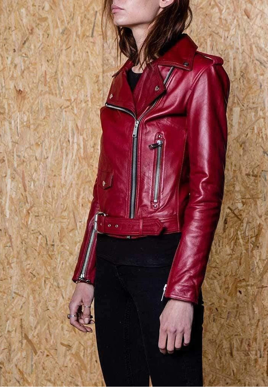 Women's Dark Red Leather Biker Jacket