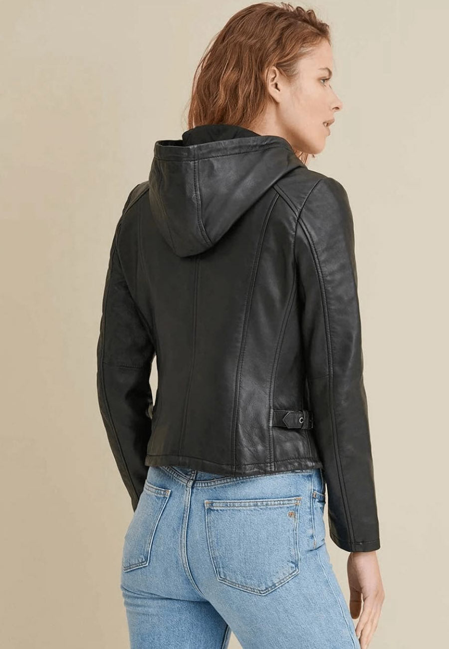 Women's Black Leather Hooded Biker Jacket