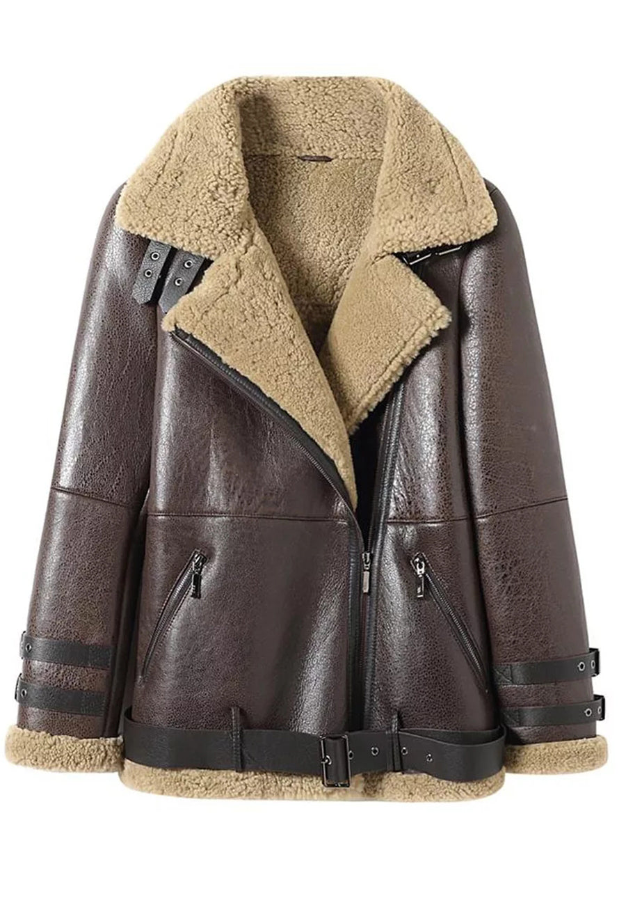 Women’s Dark Brown Leather Shearling Long Coat