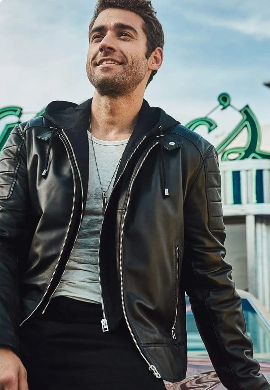 Men's Black Leather Removable Hood Biker Jacket