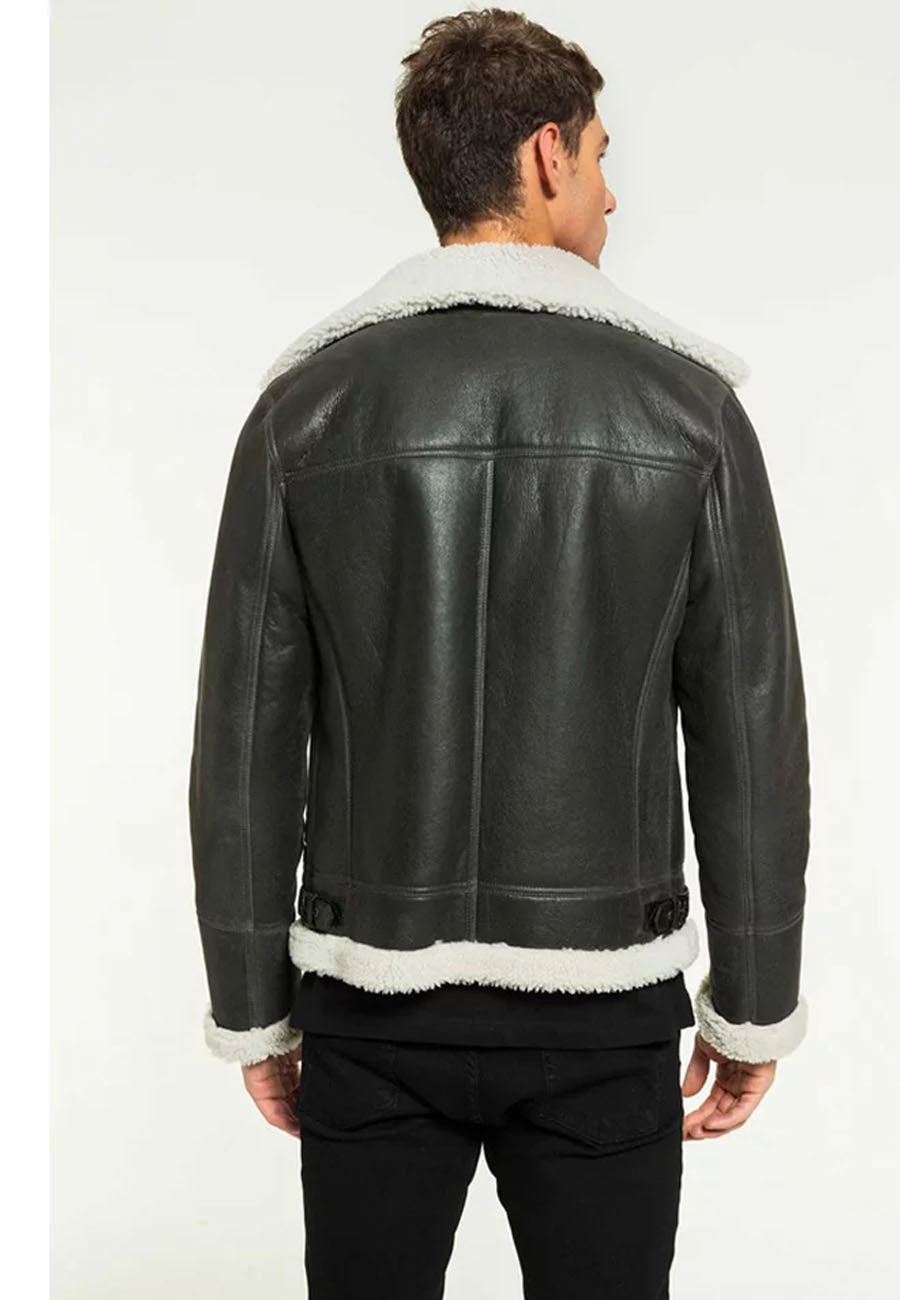 Men’s Black Leather White Shearling Jacket