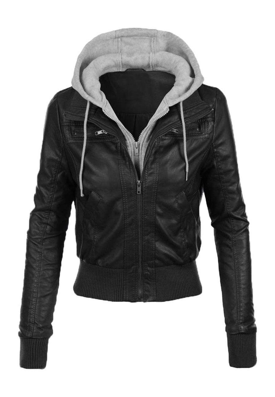 Women's Black Leather Removable Gray Hooded Bomber Jacket