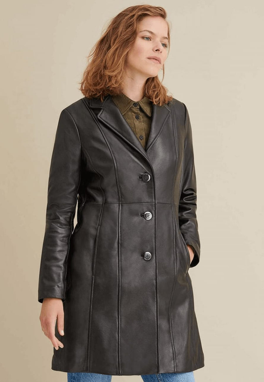 Women’s Classic Black Leather Long Trench Coat