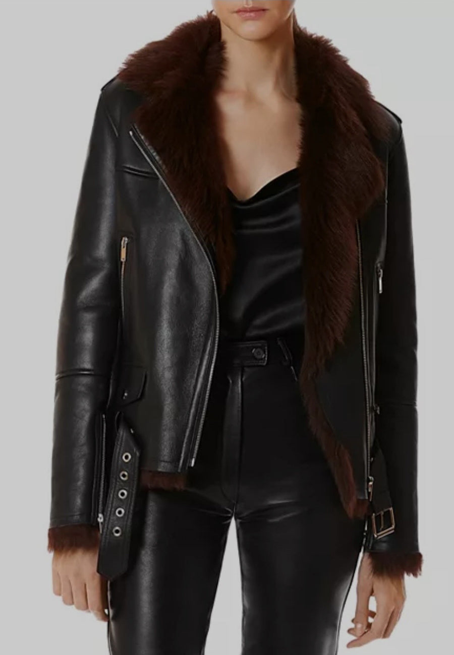 Women’s Brown Shearling Black Leather Jacket