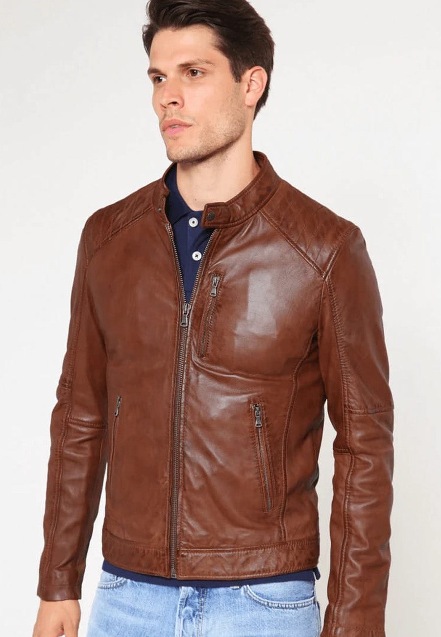 Men's Brown Leather Crew Neck Jacket