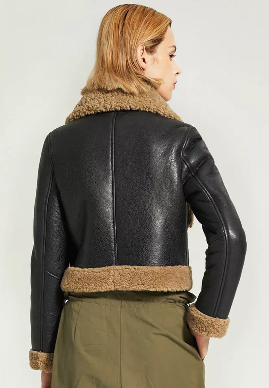Women’s Black Leather Brown Shearling Big Collared Jacket