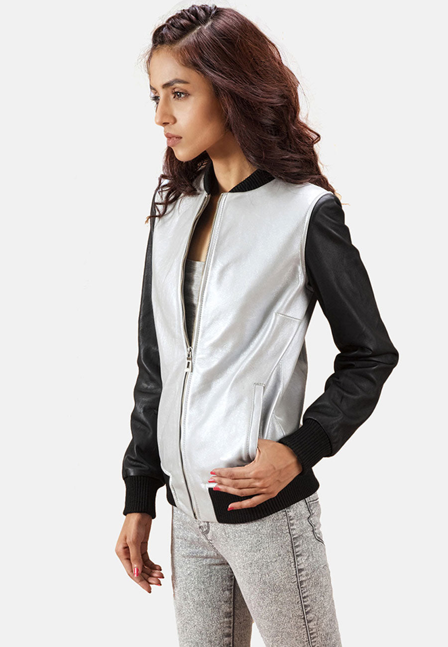 Women's Black & White Leather Bomber Jacket