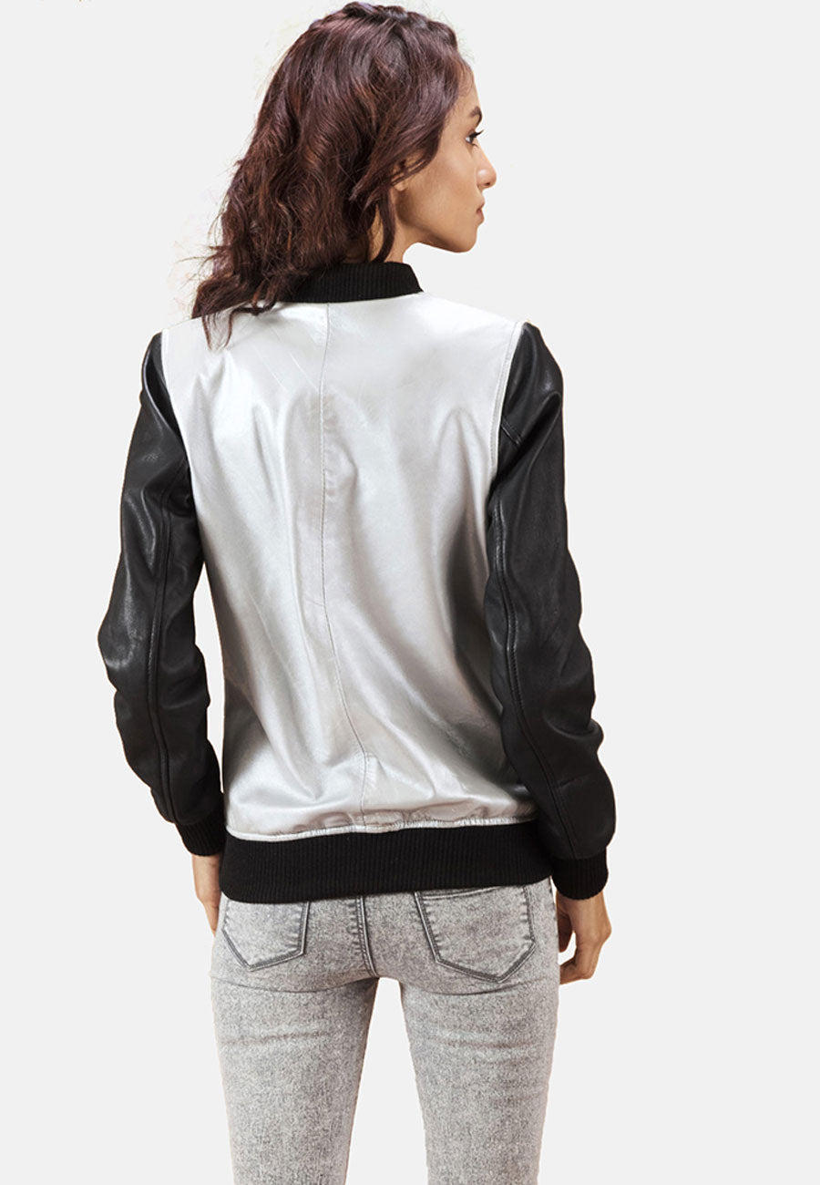 Women's Black & White Leather Bomber Jacket