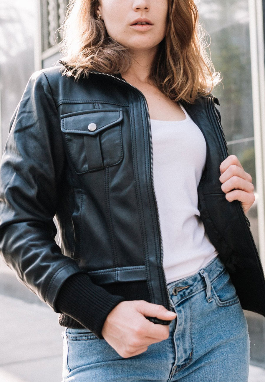 Women's Black Leather Collared Bomber Jacket