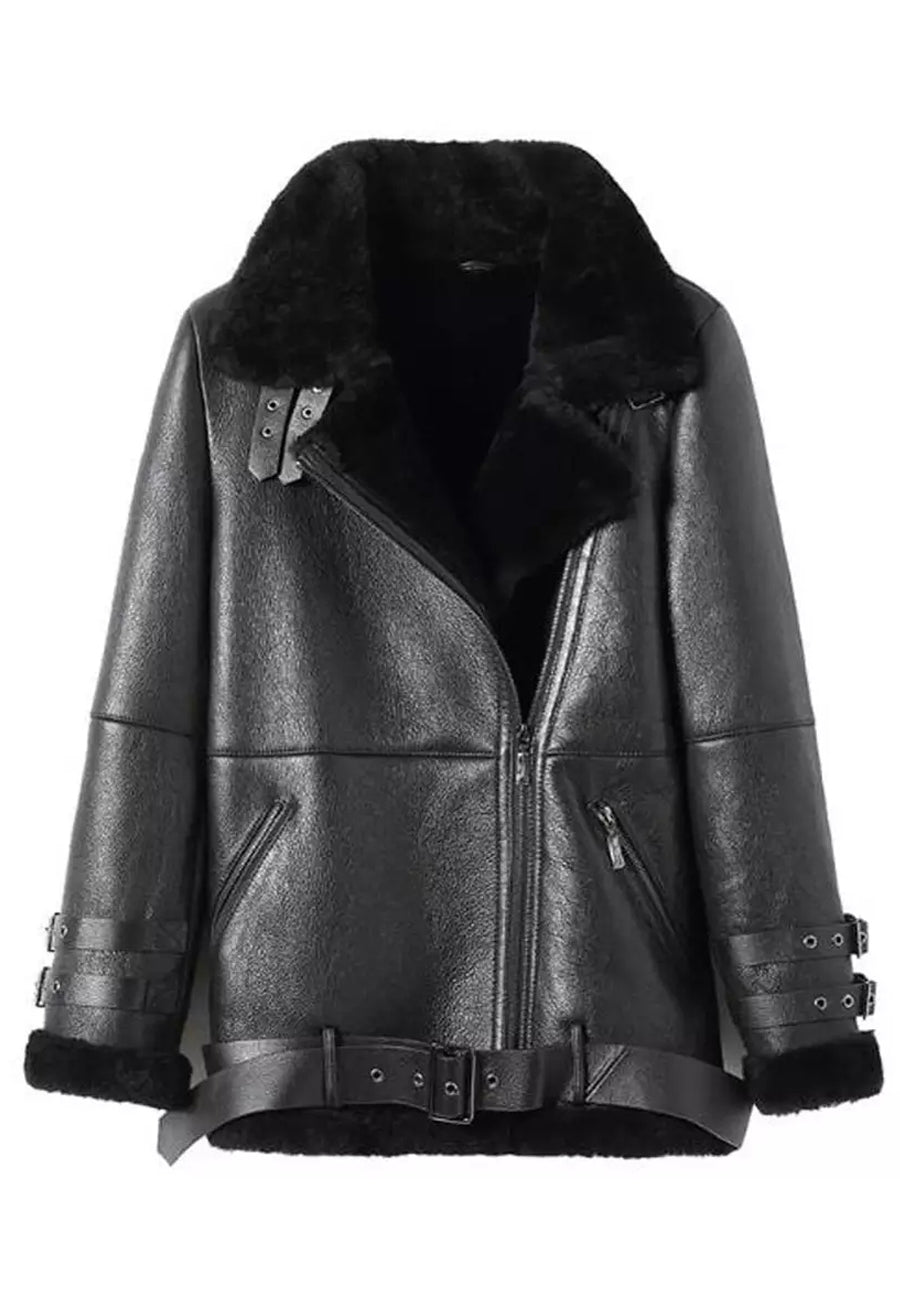 Women’s Black Leather Shearling Long Coat