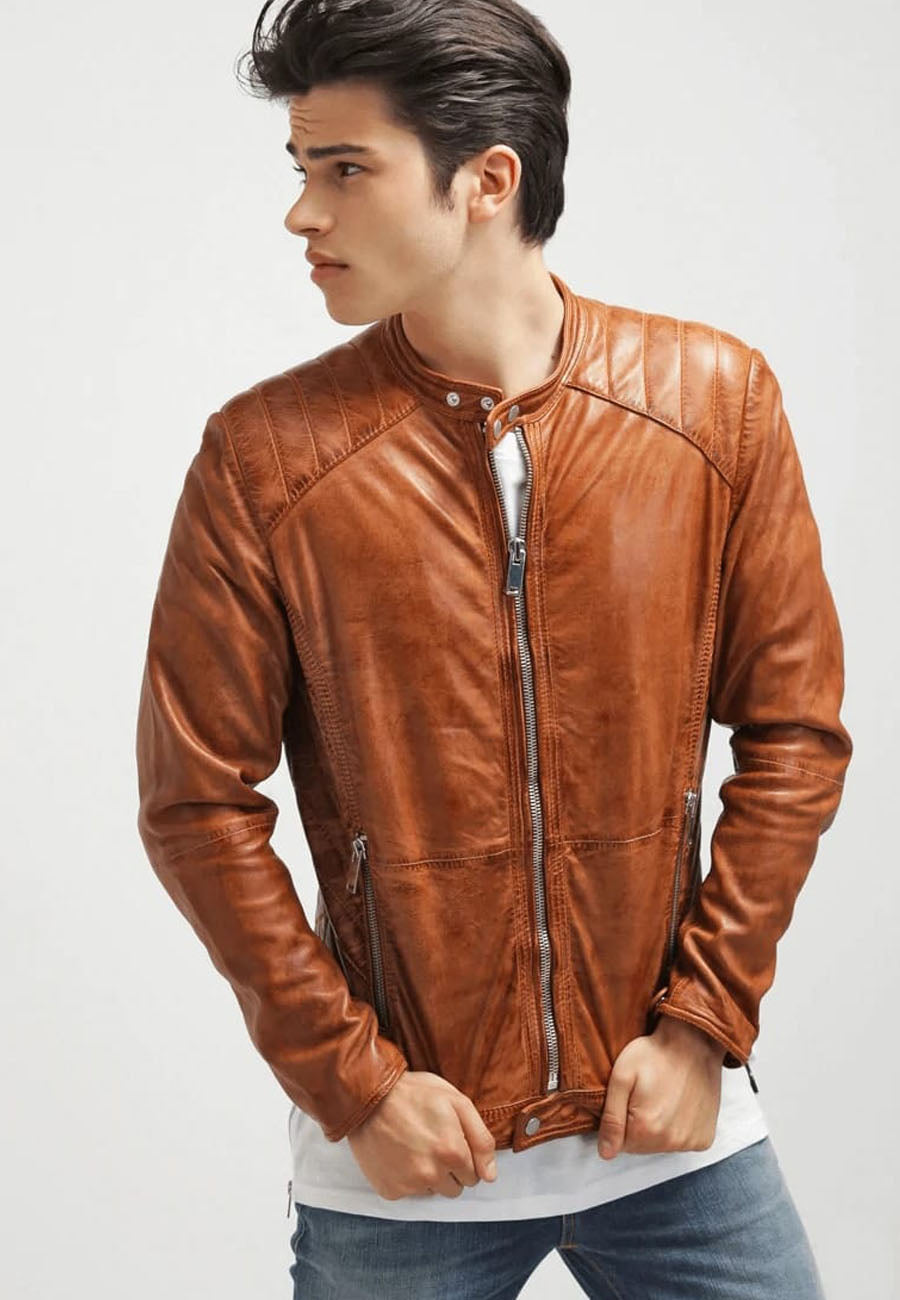 Men’s Camel Brown Leather Biker Jacket